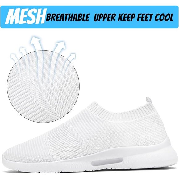 Mens Slip On Walking Shoes Mens Running White Mesh Breathable Tennis Sneakers - Picture 2 of 7